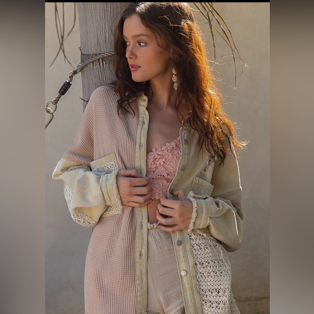 LAST ONE POL Crochet Lace Corduroy Button Down Shacket - Picture 6 of 6